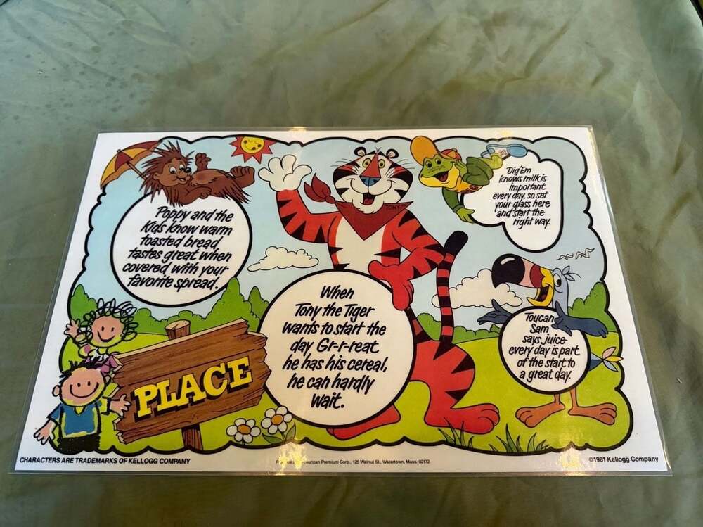Vintage 1981 Kellogg's Cereal Characters Double-Sided USA Map Placemat